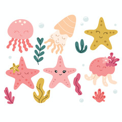 Fototapeta na wymiar Cute hand drawn vector illustration with starfish, seaweed and jellyfish