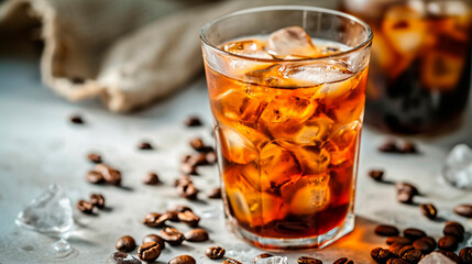 cold coffee with milk in a glass. Selective focus.