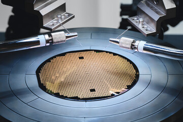 Machine checking silicon wafers in clean room laboratory, close up. Silicon Wafers and...