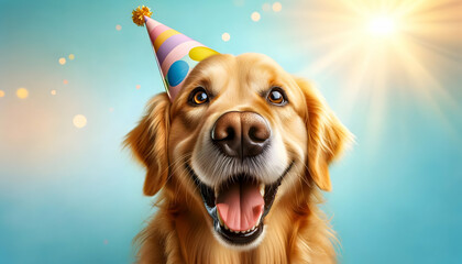 Happy cute golden retriever dog in party hat celebrating birthday	