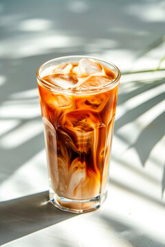cold coffee with milk in a glass. Selective focus.
