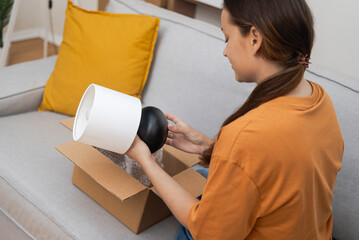 Decor Delight: A smiling lady radiates happiness as she unboxes a home decoration item from a...