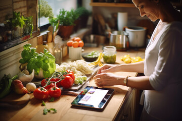 Woman uses a tablet while organizing vegetable ingredients to make a recipe