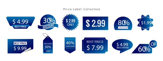 Pack of Blue price labels with letters. - obrazy, fototapety, plakaty