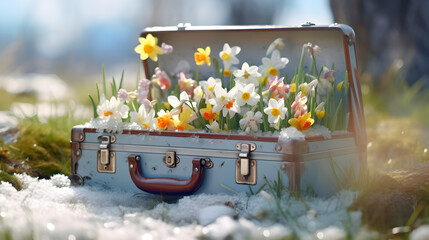 Vintage suitcase with spring flowers and blooms lying on the meadow with the rests of melting snow and grass growing. Concept of spring coming and winter leaving.
