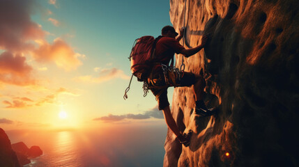 An adventurer rock climbing a steep cliff against a stunning sunset over the ocean, showcasing...