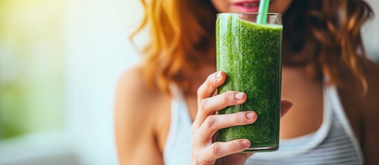 Woman demonstrates weight loss and improved digestion with green smoothie, highlighting morning detox and healthy lifestyle.