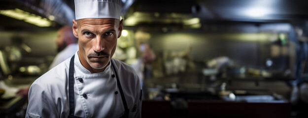 Fototapeta premium A self-possessed male chef in a traditional chef's uniform and towering hat stands at the helm of a lively commercial kitchen, surrounded by hardworking staff. Haute cuisine. Banner. Copy space