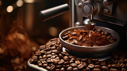 close-up of coffee beans in a coffee grinder