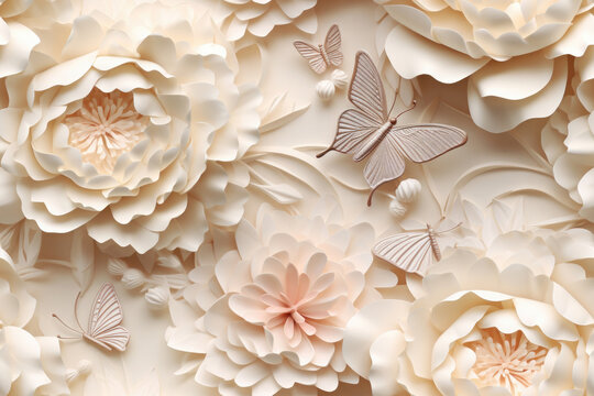 light peony flowers with golden butterflies, neutral 3D pattern