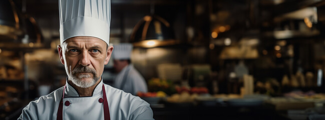 Confidently leading in a busy commercial kitchen, a male chef in a spotless white uniform and lofty chef's hat oversees his dedicated staff. Haute cuisine. Banner. Copy space