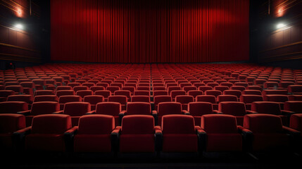 A wide angle view of an empty cinema theater with rows of red seats and a closed curtain on the stage, waiting for an audience.