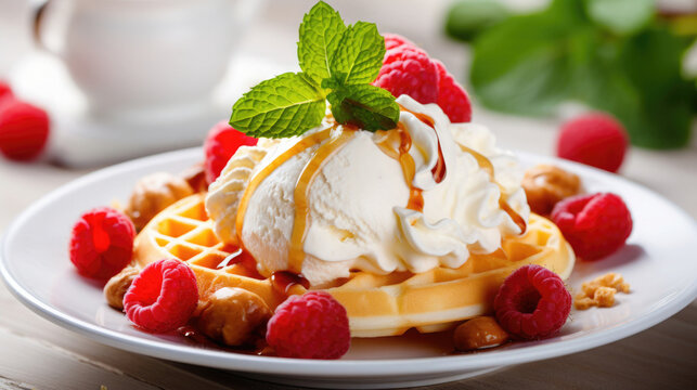 waffles with a scoop of ice cream and fresh raspberries, drizzled with honey, mint leaves