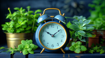 alarm clock is on a table with various potted plants. The clock is blue and gold, and the plants...