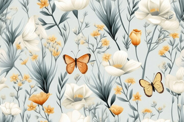 graphic background with wildflowers and butterflies, 3D texture patern - obrazy, fototapety, plakaty