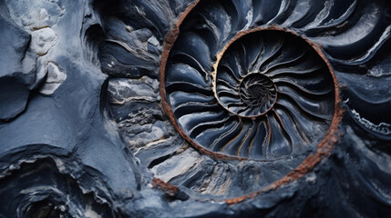 Close-up of a spiral, fossilized ammonite shell embedded in layered rock, symbolizing ancient marine life and geology.