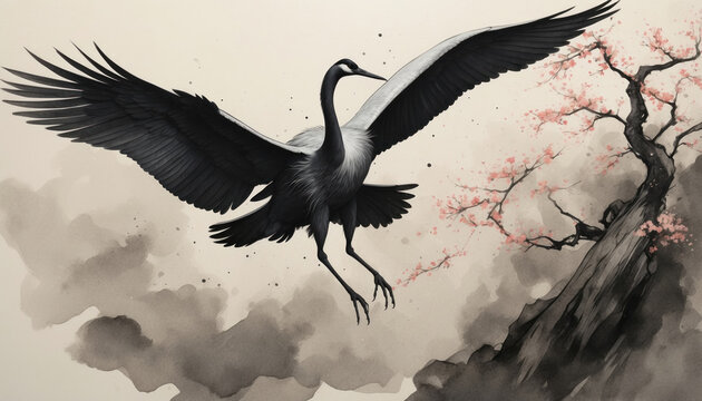 Watercolor painting of crane in Chinese traditional style in black and red colors. AI generated