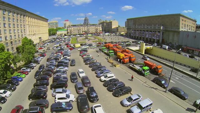 City traffic on Triumph Square at spring sunny day