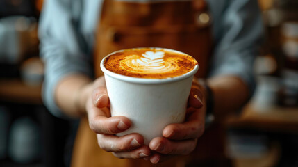 Barista serving cup of  milk coffee  to client while working at cafe