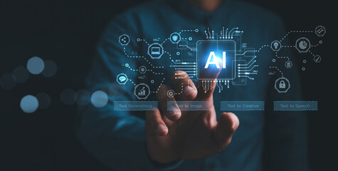 Artist Man using hand AI, Artificial Intelligence to generate content. Text to image, speech, smart...