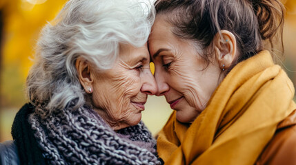 An older woman and her adult daughter sharing a warm embrace, a testament to enduring love and family bonds - obrazy, fototapety, plakaty