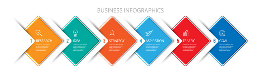 business infographic 6 parts or steps, there are icons, text, numbers. Can be used for presentation banners, workflow layouts, process diagrams, flow charts, infographics, your business presentations