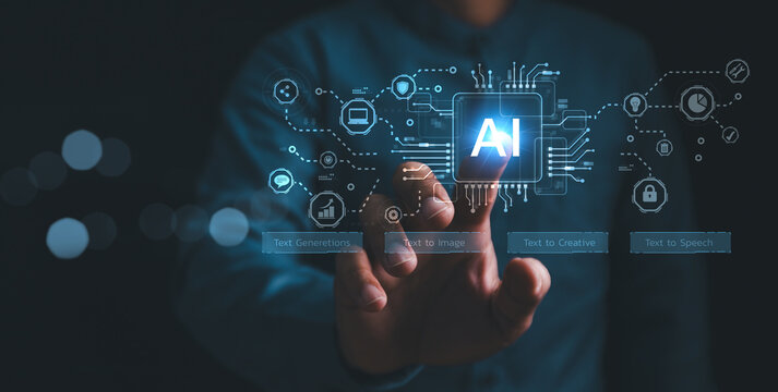 Artist Man using hand AI, Artificial Intelligence to generate content. Text to image, speech, smart AI, by enter command prompt for generates something, Futuristic technology