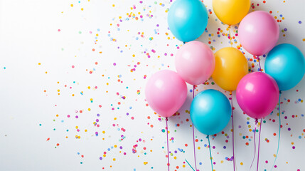 multi-colored balloons and confetti, banner or postcard for the holiday with congratulations
