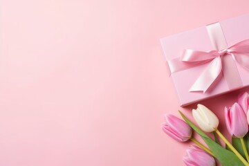Pink gift present box with tulips on a pink background for birthday, valentine's day or wedding anniversary with copy space for text