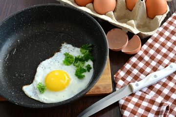 fried egg with yolk in frying pan top view 