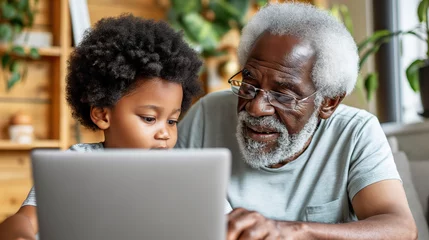 Tuinposter Happy elderly African american grandfather with his cute grandson using laptop together © mikhailberkut