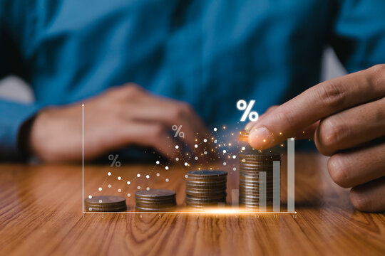 Interest rate and high return concept, business growth increase interest, money, fund, cost and capital, return on stocks and mutual funds, long term investment for retirement percentage symbol arrow.
