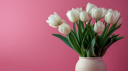 Bouquet of white tulips on a pink background, space for text
