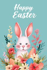 Illustrated Easter card with cute bunny and colored eggs