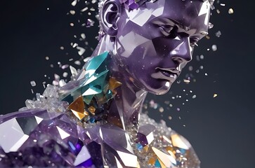 Male sculpture made of amethyst with colorful tiny crystal particles floating as the sculptures