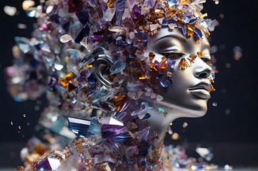 Female sculpture made of amethyst with colorful tiny crystal particles floating as the sculptures