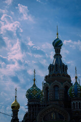 Fototapeta na wymiar Silhouette of the building of the Russian Orthodox Church in St. Petersburg, which is called 