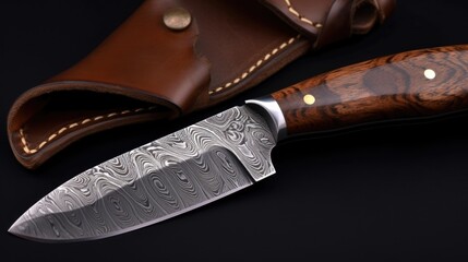 Handmade knife with Damascus steel blade. AI generative. - obrazy, fototapety, plakaty