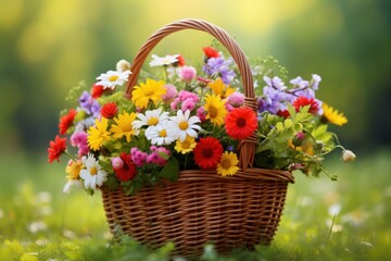 Fototapeta na wymiar Beautiful wild flowers in wicker basket on green grass outdoors