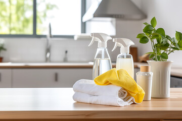 Rags, natural sponges and cleaning products on wooden table. Modern kitchen interior on background. House cleaning concept - obrazy, fototapety, plakaty