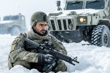Portrait man Soldier go attack with machnine gun weapon in winter snowy cold weather