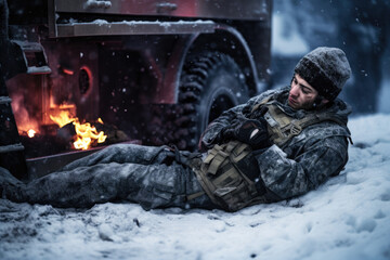 Wounded soldier lay near armored vehicle on snow