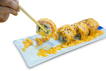 Top view of Salmon rolls, Delicious sushi with fish fillet, cream cheese, focus selective