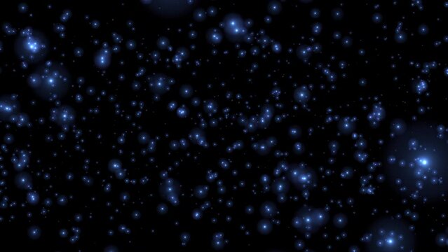 Loop animaiton flickering glow blue stars particles falling on black abstract background. Animation of fiery white blue glowing flying ember burning ash particles.