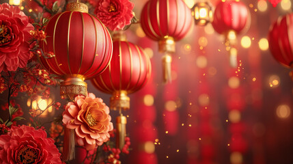 Obraz premium Chinatown lantern hanging at small street, 3d rendering illustration background for happy chinese new year 2024 the dragon zodiac sign with red and gold color, flower, lantern, and asian elements.