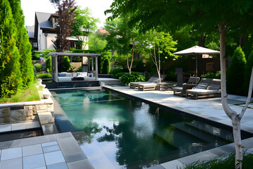Gartenparadies mit Pool: Ein luxuriöser Außenbereich vereint prächtige Gartenlandschaft und erfrischenden Swimmingpool für ultimative Entspannung im Grünen