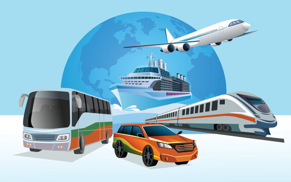 Travel the world. Traveling by transports airplane, cruise liner, high speed train, Tour bus and  car rent for Traveling
