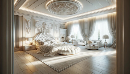 A spacious and luxurious bedroom in a high-end modern home, designed to fill the entire frame with its grandeur. The room features an oversized bed