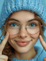 Dziewczyna w niebieskiej czapce i okularach prezentuje uroczy uśmiech, podkreślając piękno jej niebieskich oczu. Palce wskazujące przy policzkach dodają delikatności do kompozycji.