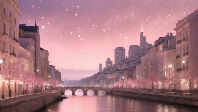 Digital photo of a romantic cityscape on Valentine's Day with measured lights and a soft pink tint